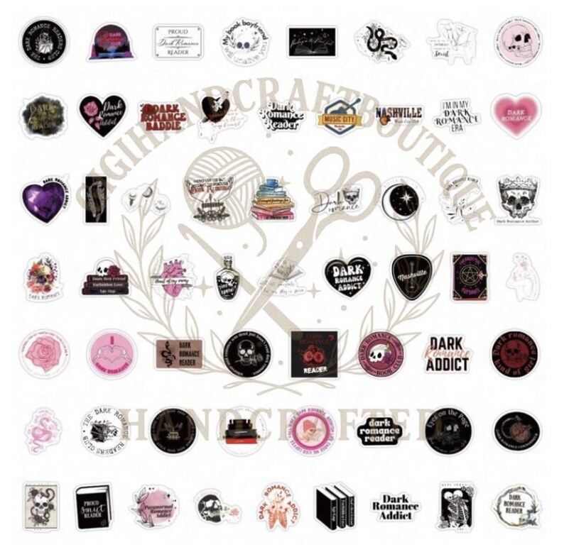 May include: A selection of stickers with a dark romance theme. The stickers feature skulls, hearts, roses, books, and phrases like "Dark Romance Reader" and "Dark Romance Addict". The colour palette includes black, white, and pink.