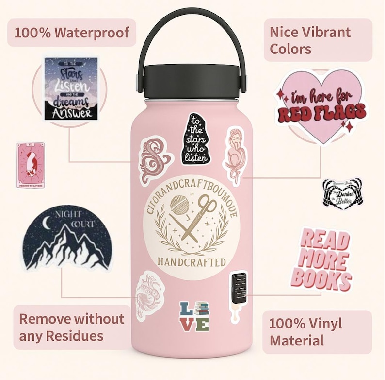 May include: A pink water bottle with a black handle and lid, decorated with several stickers. The stickers display phrases such as "Stars listen dreams Answer", "I'm here for RED FLAGS", and "READ MORE BOOKS". The bottle is labelled "CITORANDCRAFTBOUMODE HANDCRAFTED".