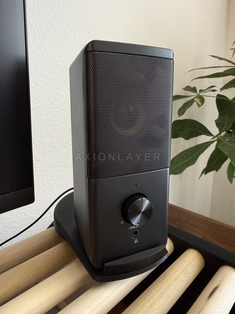 May include: A black rectangular speaker with a metal mesh grille on the upper half and the text AXIONLAYER printed on the front. The lower section features a circular volume control knob, a small indicator light, and a headphone jack port.