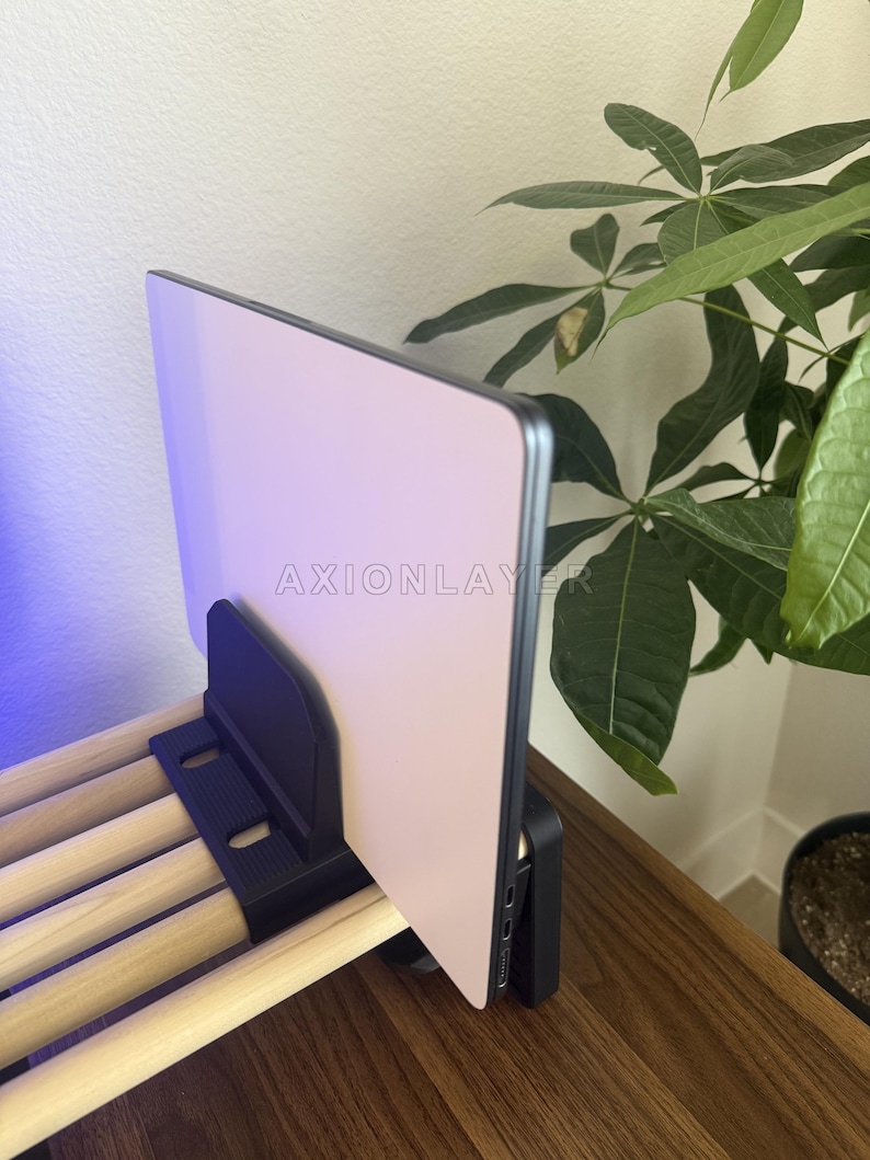 May include: A black plastic stand holding a thin, light-coloured tablet upright. The stand features a series of parallel light-coloured wooden dowels extending horizontally. The word AXIONLAYER is printed in white on the surface of the tablet.