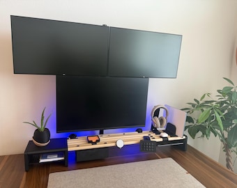 Modular Desk Shelf Monitor Stand with Storage Organizer 3D Printed Under Monitor Cable Management Home Office Workspace Setup Wood Dowel