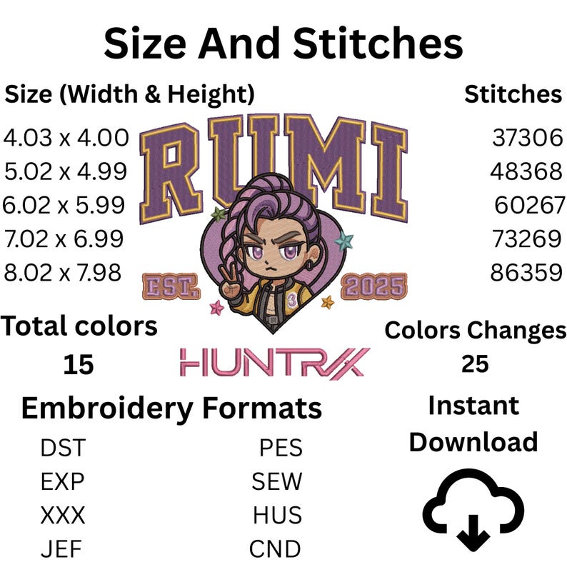 Rumi Huntrix Girl Embroidery Design, Kpop Demon Hunters Embroidery, 5 ...