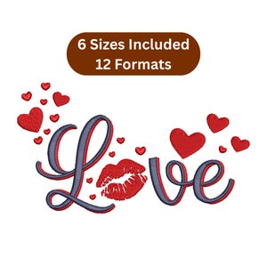 Puede incluir: Un diseño con la palabra "Love" en una fuente de escritura, con acentos rojos y azules. Se incorporan corazones rojos y una huella de labios rojos en el diseño. El texto "6 Sizes Included 12 Formats" se muestra arriba.