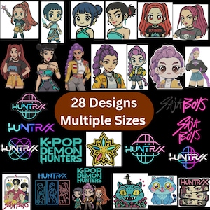 May include: A selection of K-Pop themed designs, showcasing illustrations of female characters and logos. The image includes the text "28 Designs Multiple Sizes" and logos such as "HUNTRAX" and "SAJA BOYS".