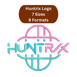 May include: A logo design with the word "HUNTRIX" in teal and pink, set against a white background. The logo is framed by a teal and pink geometric design. Above the logo is a brown rectangle with the text "Huntrix Logo, 7 Sizes, 8 Formats."