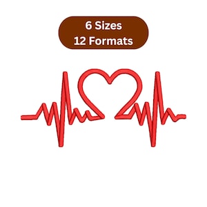 Könnte beinhalten: Ein rotes Herz, das in ein Elektrokardiogramm-Design integriert ist. Das Bild enthält den Text "6 Größen 12 Formate" in einem braunen, abgerundeten Rechteck. Das Design befindet sich auf weißem Hintergrund.