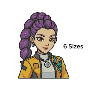 以下が含まれることがあります： 紫色のポニーテールヘアの漫画の女性が描かれた刺繍パッチ。彼女は黄色のジャケット、白いシャツ、シルバーのネックレスを着ています。「6 Sizes」の文字が黒いフォントで表示されています。