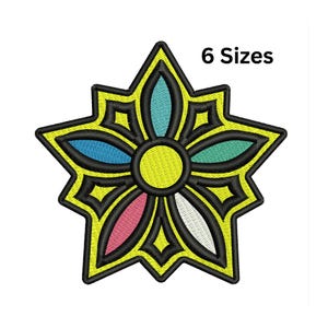 May include: Embroidered patch in a starburst design with a yellow outline and a black interior. The flower-like centre features petals in blue, green, pink, and white. The text "6 Sizes" is displayed above the design.