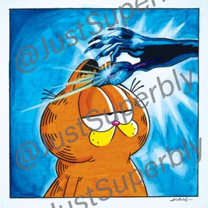 May include: An orange Garfield cartoon illustration with a blue background. A dark blue hand with sharp claws is reaching towards Garfield's head, with a bright light emanating from the point of contact. The artwork is signed "KAIC".