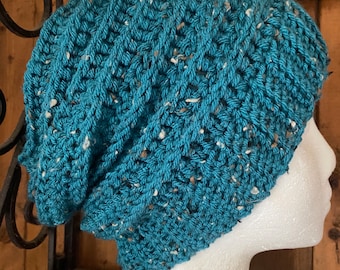 Teal Tweed Slouch Hat, Beanie, Womens Hat, Winter Hat, Ready To Ship