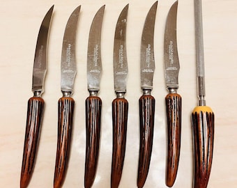 Vintage Olde English Cutlery & Sheffield England Steak Knife Set of 6 w/ Sharpener