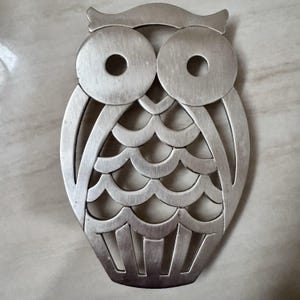 Puede incluir: Un salvamanteles plateado con forma de búho. El salvamanteles presenta grandes ojos circulares con un agujero en el centro, un diseño de pecho festoneado y una cabeza estilizada. El salvamanteles de metal está diseñado para proteger las superficies de la cocina caliente.