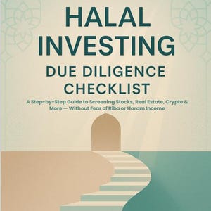 May include: A book cover with the title "HALAL INVESTING" in large, dark teal letters. Below, the text reads "DUE DILIGENCE CHECKLIST". The cover features a stylized illustration of a staircase leading to an archway, with a teal and beige color scheme.