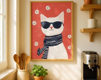 Plakat z kotem Chanel, wystrój sypialni, wystrój salonu, plakat z kotem Chanel, fajny nadruk, grafika ścienna z kotem, miłośnik kotów