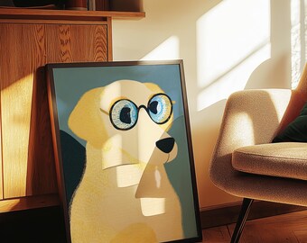 Golden Retriever w okularach: wystrój sypialni, wystrój salonu, wystrój łazienki, zabawny nadruk, grafika ścienna z psem, miłośnik psów