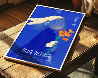Blue Silence: Minimalistyczny wydruk artystyczny inspirowany Japonią | Spokojna sztuka ścienna | Nowoczesna ilustracja cyfrowa do sypialni lub salonu