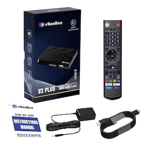 May include: A black V3 Plus smart media player set. The set includes a black media player, remote control, power adapter, HDMI cable, and instruction manual. The box is dark blue with white and purple text and graphics.