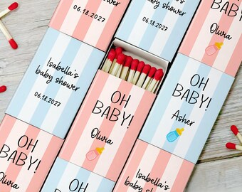 Personalized Baby Shower Matchboxes OH BABY Custom Matches for Guests Gender Reveal Party Favors Pink Blue Boy or Girl Shower Gift Fillers