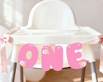 Floral ONE High Chair Banner, Pastel 1st Birthday Decor