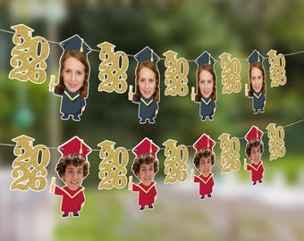 Custom Face Graduation Banner Class of 2026 Personalized Photo Bunting for High School College Grad Party Decor Gold Glitter Large Garland