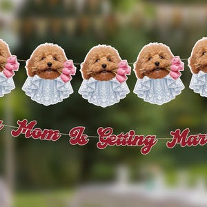 May include: A decorative banner featuring five cutouts of brown poodles wearing light blue lace collars and holding pink tulips, strung above a separate banner with the red text My Mom Is Getting Married, all suspended on thin white string.