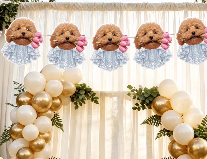May include: A decorative banner featuring five repeating cutouts of a brown poodle dog face holding a bouquet of pink tulips in its mouth, with each dog wearing a light blue lace-patterned collar, all strung together on a thin white cord.