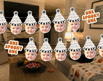 Personalized Halloween Baby Face Banner, Spooky One First Birthday Decor