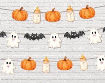 Halloween Baby Shower Garland, Watercolor Pumpkin Ghost Baby Bottle Banner, Little Boo Party Decorations, Spooky Fall Celebration Decor