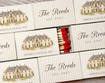 Custom Venue Illustration Matchboxes: Personalized Wedding Favors, Elegant Keepsake Matches