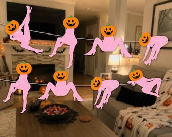 Funny Halloween Banner Glitter Dancer Cutouts, Pumpkin Head Stripper Garland, Halloween Bachelorette Decoration
