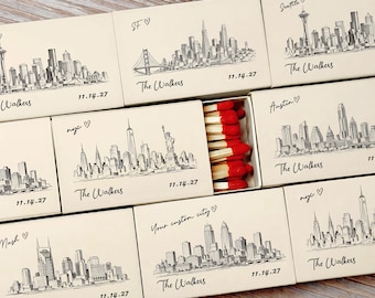 Custom City Skyline Matchboxes: Personalized Wedding Favors, Housewarming Gift, Names, Date