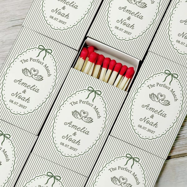 Personalized Swan Wedding Matchboxes, Elegant Green Stripe Custom Wedding Favors, Unique Guest Gifts for Reception