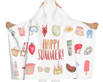 Happy Summer icons Youth Hooded Towel | Kids Personalized Hooded Towel