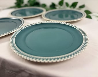 Juego de 8 platos vintage Harker para paté sobre paté (vajilla de cerámica de mediados de siglo, años 40-60), azul verdoso y blanco