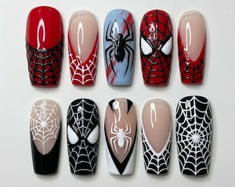 Handgemaakte op superhelden geïnspireerde pers op de nagels | Luxe grafisch spinnenwebontwerp | Rode zwarte kist aangepaste nagelset