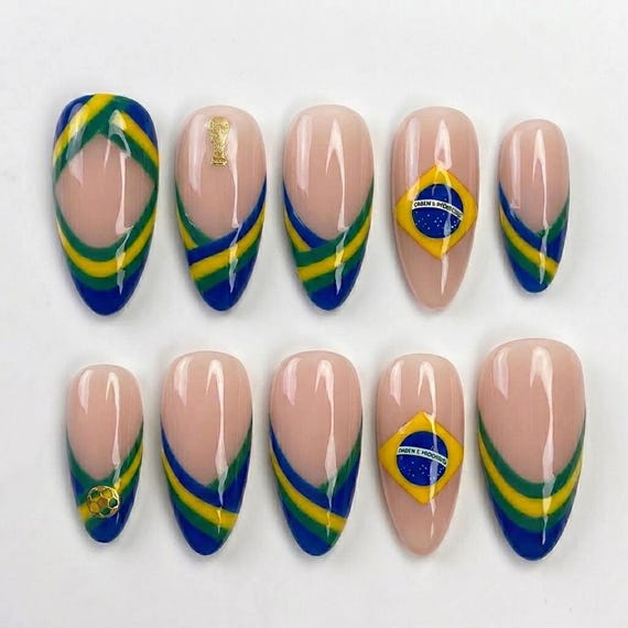 Handmade Brazil Football Press On Nails | Green Yellow Blue French Tips | World Cup Inspired Nail Set