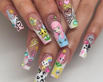 Ręcznie robione lakierowane paznokcie w stylu Harajuku Pop | Kawaii Pastel Cartoon Art | Zestaw do paznokci Y2K Rainbow Star