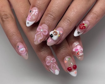 Handmade 3D Bow Bear Press On Nails | Kawaii Cherry Nail Art