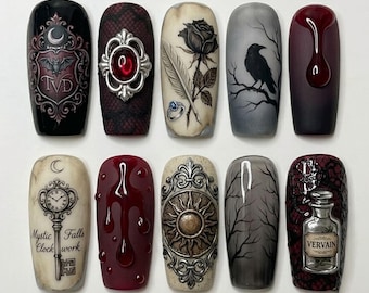 Handgemaakte gotische vampier-nagels | Luxe 3D raaf-, zwarte roos- en bloeddruppel-art | Dark Academia custom nagelset