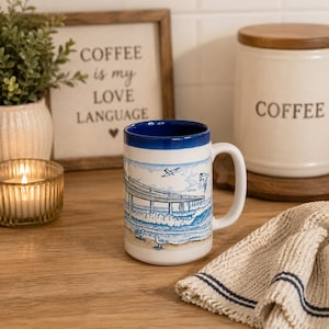 Coastal Pier Coffee Mug | Blue Ocean Beach Scene Drinkware | Seagull Nautical Cup (Fiji)