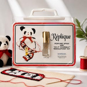 Vintage Réplique Perfume Spray & Panda Needlepoint Kit Raphael Collectible Craft Set