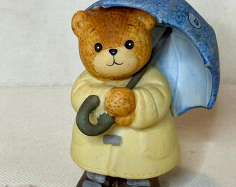 Vintage Enesco Teddy Bear Figurine | 1985 Lucy Rigg | Raincoat Bear Nursery Decor
