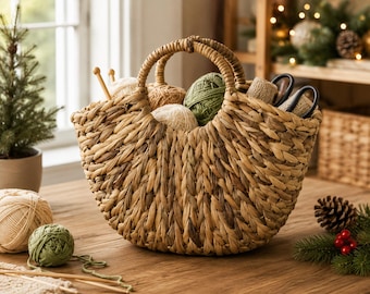 Handwoven Wicker Storage Basket with Handles | Boho Woven Basket | Craft Storage | Rustic Farmhouse Decor