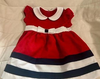 Vintage Bonnie Baby Röd Klänning Set 6-9 Månader Peter Pan Krage med Mamelucker Juloutfit
