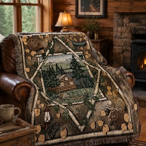 May include: A woven throw blanket featuring a central scene of a log cabin in a forest, framed by birch tree branches. The design includes images of a bear, a moose, a canoe, and a lantern, all set against a background of brown and green foliage.