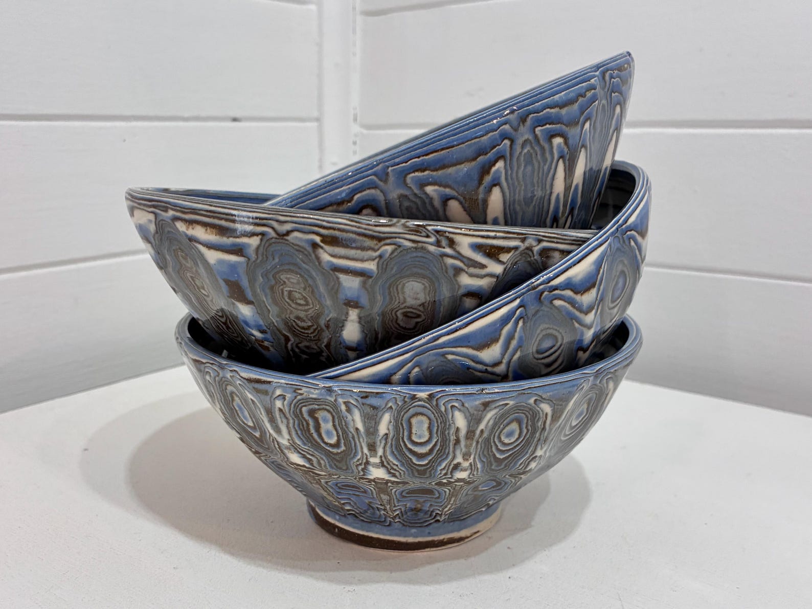 Medium Blue Agateware Pottery Ramen Bowl