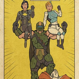 Può includere: Illustrazione in stile fumetto con la scritta "SUPPORTED BY THE FINEST!". Una figura muscolosa in armatura verde tiene in braccio due donne in abiti futuristici. In basso c'è una creatura simile a un dinosauro. Lo sfondo è giallo.