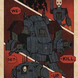 May include: Comic book-style illustration with robots and text in a red and beige colour scheme. The robots are various shades of grey and black. Text includes "HEART", "STEEL", "WE-", "GET-", "-KILL", "-UP", and "ON TO WAR."