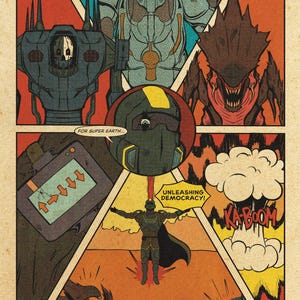 Puede incluir: Ilustración estilo cómic con estética vintage que representa una escena de batalla futurista. La imagen presenta robots, alienígenas y una figura con los brazos extendidos. Los bocadillos de texto dicen "OUT OF STIMS...", "OUT OF AMMO..." y "SURROUNDED...". También está presente la frase "UNLEASHING DEMOCRACY!".