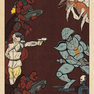 Puede incluir: Ilustración estilo cómic con el texto "NO ROOM FOR TREASON". La obra representa soldados futuristas en combate, con figuras en armadura roja, blanca y azul, y una gran criatura insectoide. El estilo recuerda a los cómics vintage.